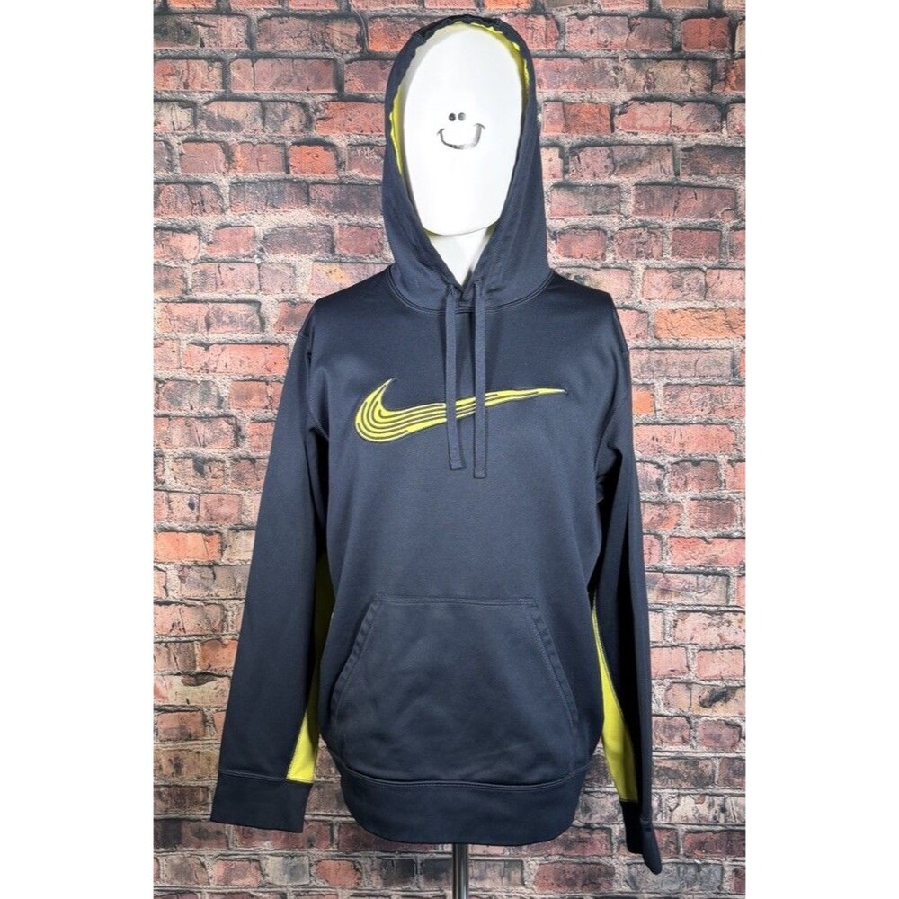 Nike Therma Fit Hoodie Athletic Sweatshirt Dark Grey Lime Green Accents Large